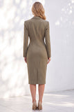 Blue Sheath Notched Lapel Ruched Midi Work Dress