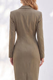 Blue Sheath Notched Lapel Ruched Midi Work Dress