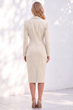 Blue Sheath Notched Lapel Ruched Midi Work Dress