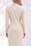 Blue Sheath Notched Lapel Ruched Midi Work Dress