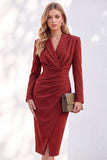 Blue Sheath Notched Lapel Ruched Midi Work Dress