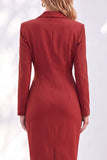 Blue Sheath Notched Lapel Ruched Midi Work Dress