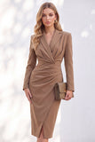Blue Sheath Notched Lapel Ruched Midi Work Dress