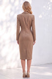 Blue Sheath Notched Lapel Ruched Midi Work Dress