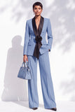 Blue Fitted Shawl Lapel Pantsuits Long Women Suits with 3D Flower