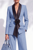 Blue Fitted Shawl Lapel Pantsuits Long Women Suits with 3D Flower
