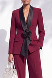 Blue Fitted Shawl Lapel Pantsuits Long Women Suits with 3D Flower
