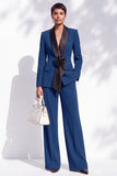 Blue Fitted Shawl Lapel Pantsuits Long Women Suits with 3D Flower