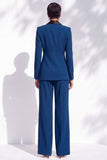 Blue Fitted Shawl Lapel Pantsuits Long Women Suits with 3D Flower