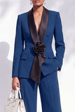 Blue Fitted Shawl Lapel Pantsuits Long Women Suits with 3D Flower