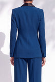 Blue Fitted Shawl Lapel Pantsuits Long Women Suits with 3D Flower