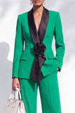 Blue Fitted Shawl Lapel Pantsuits Long Women Suits with 3D Flower