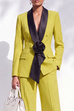 Blue Fitted Shawl Lapel Pantsuits Long Women Suits with 3D Flower