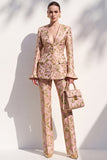 Brown Jacquard V‑neck Flare Sleeves 2 Piece Single‑Breasted Women Suits with Pockets