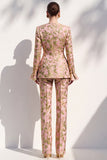 Brown Jacquard V‑neck Flare Sleeves 2 Piece Single‑Breasted Women Suits with Pockets