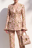 Brown Jacquard V‑neck Flare Sleeves 2 Piece Single‑Breasted Women Suits with Pockets