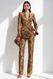 Brown Jacquard V‑neck Flare Sleeves 2 Piece Single‑Breasted Women Suits with Pockets