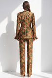 Brown Jacquard V‑neck Flare Sleeves 2 Piece Single‑Breasted Women Suits with Pockets