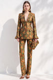 Brown Jacquard V‑neck Flare Sleeves 2 Piece Single‑Breasted Women Suits with Pockets