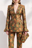 Brown Jacquard V‑neck Flare Sleeves 2 Piece Single‑Breasted Women Suits with Pockets