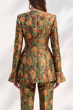 Brown Jacquard V‑neck Flare Sleeves 2 Piece Single‑Breasted Women Suits with Pockets