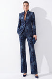 Dark Blue Floral Jacquard Fitted Mandarin Collar Women Suits with Pockets