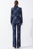 Dark Blue Floral Jacquard Fitted Mandarin Collar Women Suits with Pockets