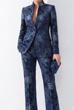 Dark Blue Floral Jacquard Fitted Mandarin Collar Women Suits with Pockets
