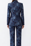 Dark Blue Floral Jacquard Fitted Mandarin Collar Women Suits with Pockets