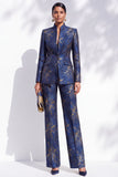 Dark Blue Floral Jacquard Fitted Mandarin Collar Women Suits with Pockets