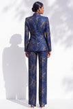 Dark Blue Floral Jacquard Fitted Mandarin Collar Women Suits with Pockets