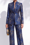 Dark Blue Floral Jacquard Fitted Mandarin Collar Women Suits with Pockets