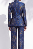 Dark Blue Floral Jacquard Fitted Mandarin Collar Women Suits with Pockets