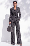 Dark Grey Floral Printed Peak Lapel 2 Piece Women Suits with Belt