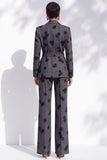 Dark Grey Floral Printed Peak Lapel 2 Piece Women Suits with Belt