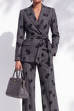 Dark Grey Floral Printed Peak Lapel 2 Piece Women Suits with Belt