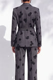 Dark Grey Floral Printed Peak Lapel 2 Piece Women Suits with Belt