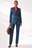Dark Blue Jacquard Peak Lapel Double‑Breasted Women Suits