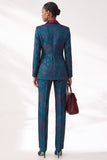 Dark Blue Jacquard Peak Lapel Double‑Breasted Women Suits