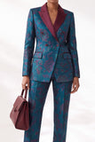 Dark Blue Jacquard Peak Lapel Double‑Breasted Women Suits