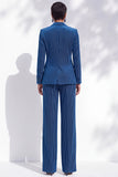 Royal Blue Single‑Breasted Notched Lapel Vertical Stripe Women Suits