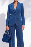 Royal Blue Single‑Breasted Notched Lapel Vertical Stripe Women Suits