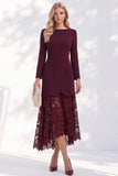 Burgundy Sheath Bateau Neck High-Low Long Sleeves Midi Work Dress with Lace