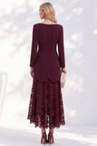 Burgundy Sheath Bateau Neck High-Low Long Sleeves Midi Work Dress with Lace