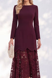 Burgundy Sheath Bateau Neck High-Low Long Sleeves Midi Work Dress with Lace