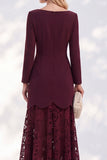 Burgundy Sheath Bateau Neck High-Low Long Sleeves Midi Work Dress with Lace