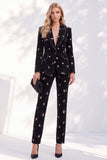 Black Printed Peak Lapel Single‑Breasted Floral Printed Women Suits