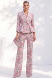 Pink Printed Peak Lapel 2 Piece Peplum 3/4 Sleeves Single Breasted Women Suits