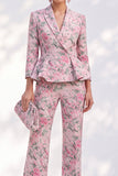 Pink Printed Peak Lapel 2 Piece Peplum 3/4 Sleeves Single Breasted Women Suits