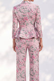 Pink Printed Peak Lapel 2 Piece Peplum 3/4 Sleeves Single Breasted Women Suits